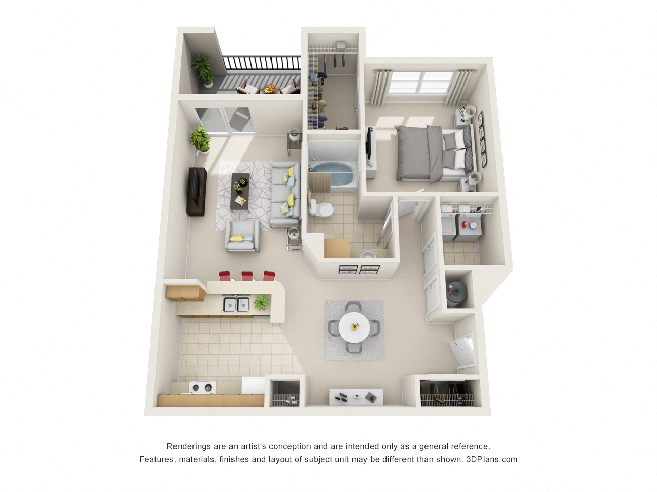 Floor plan for 1 bed, 1 bath, 866 sqft